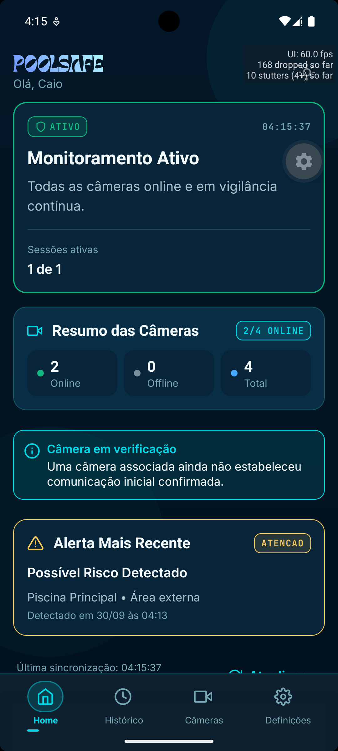 Tela inicial do aplicativo PoolSafe com status de monitoramento ativo e resumo das câmeras