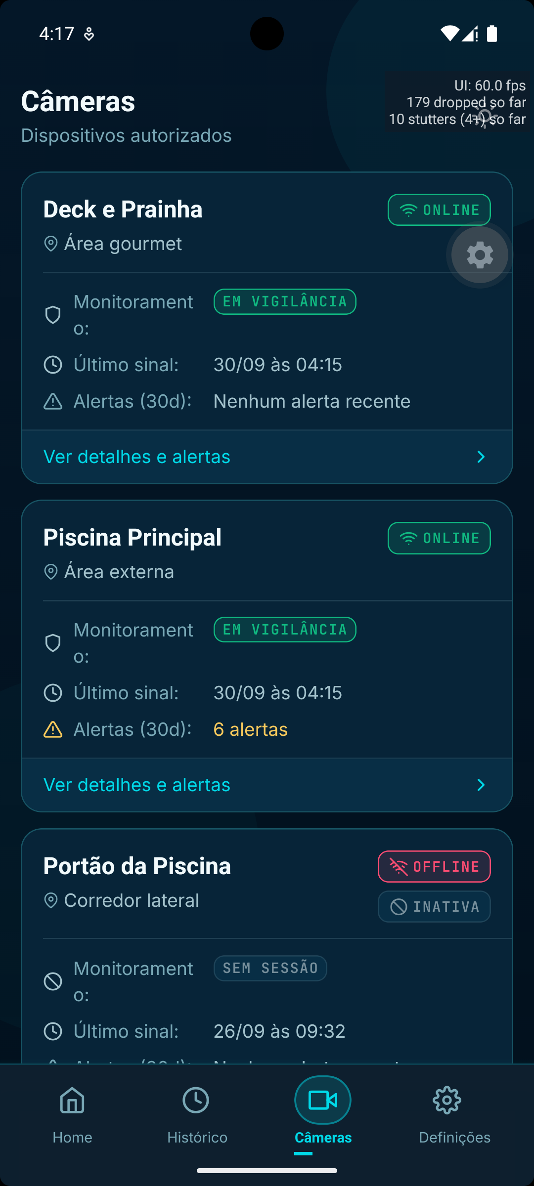 Captura da tela de câmeras autorizadas no aplicativo PoolSafe