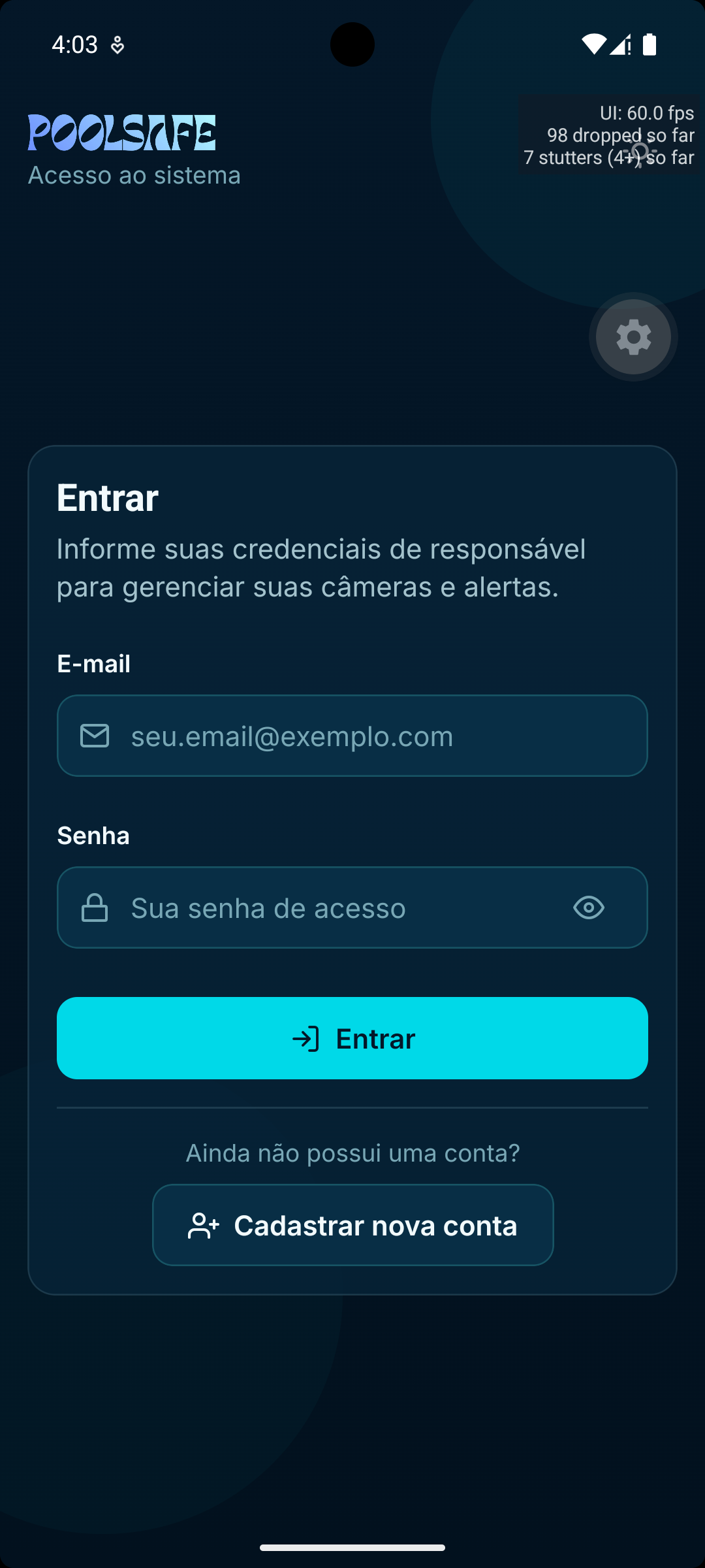 Captura da tela de acesso e autenticação do aplicativo PoolSafe